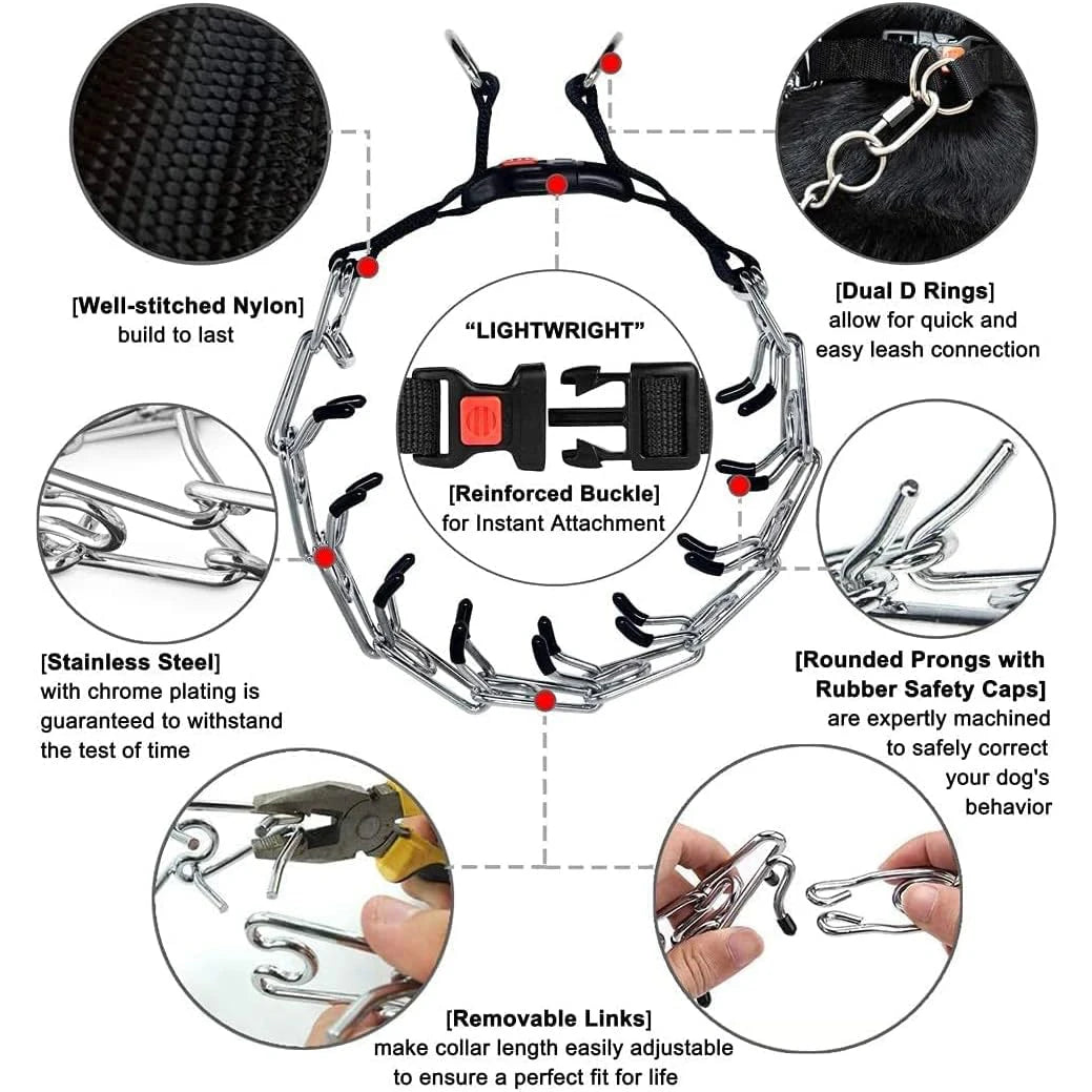 Dog Prong Training Collar with Quick Release Buckle, Adjustable Stainless Steel Pinch Collar for Dogs, Nylon Protective Sleeve,