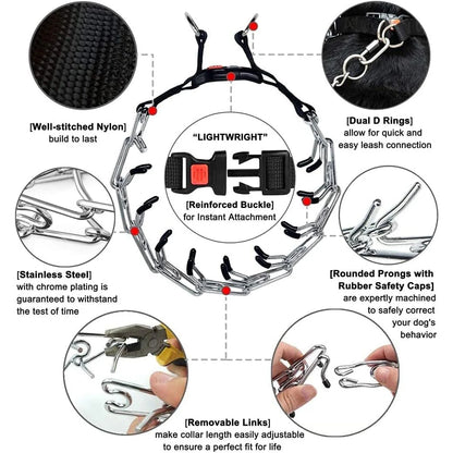 Dog Prong Training Collar with Quick Release Buckle, Adjustable Stainless Steel Pinch Collar for Dogs, Nylon Protective Sleeve,